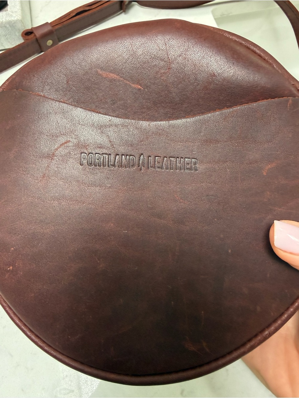 Portland Leather Round Brown Genuine Leather Crossbody Bag - Picture 4 of 9